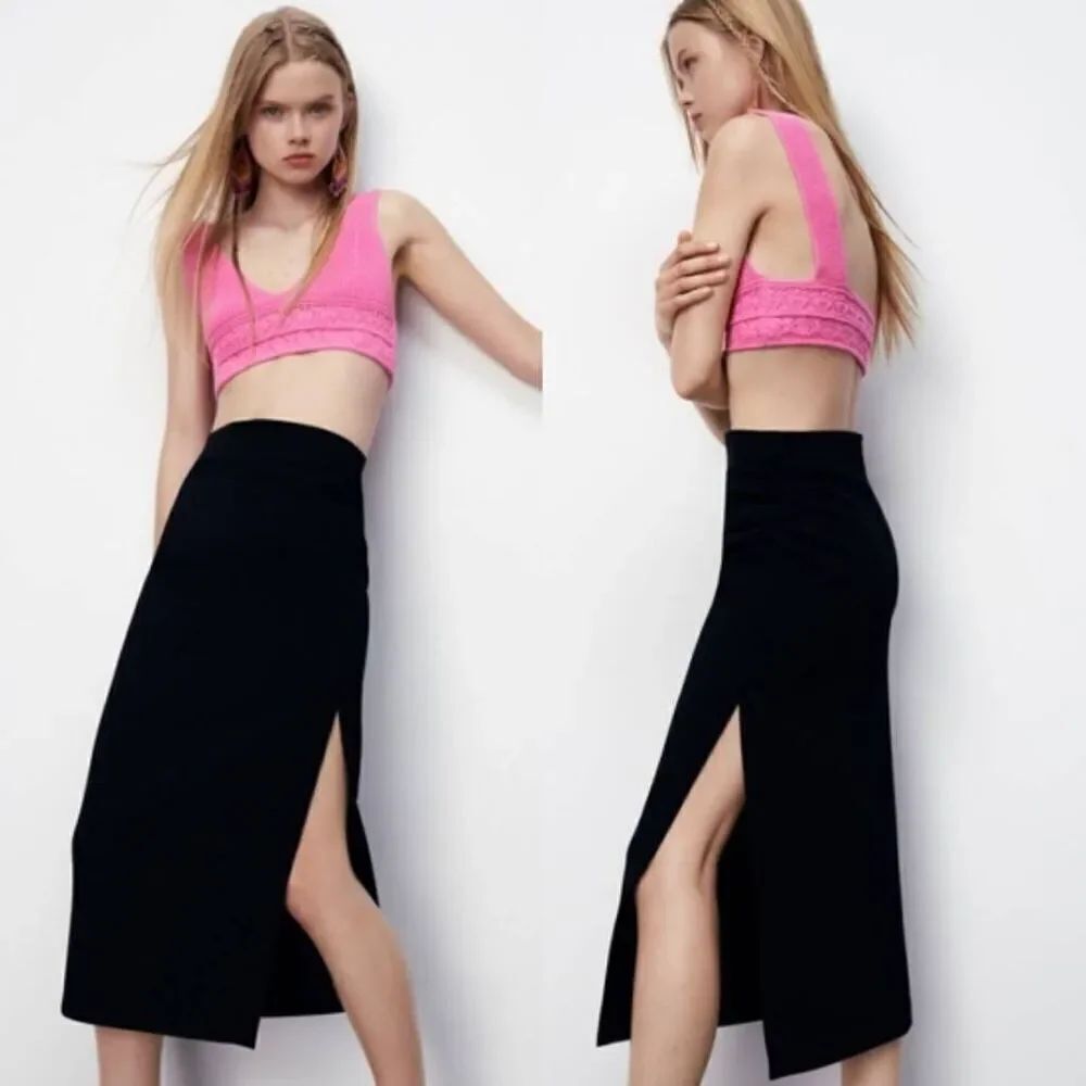 Zara Black High-waisted Draped Pencil Midi Skirt M NWT